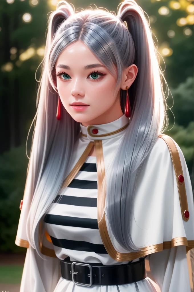 unlock,shiny skin,aafrie, long hair, (white hair), 2twintails, pointy ears, earrings, thick eyebrows,green eyes, small breasts, flat,white capelet, striped shirt, long sleeves, belt, white skirt, black pantyhose, 1girl in full growth, best quality, masterpiece, ultra-detailed, high quality, perfect nose, highly detailed skin, warm skin tone, defiance512, RAW photo, best quality, high resolution, (masterpiece), dreamlike, dreamy, modelshoot style, analog style, tonemapping, photorealistic, professional photography, sharp focus, HDR, 8K resolution, intricate detail, sophisticated detail, hyper detailed, (depth of field), highlight and shadow, volumetric lighting, cinematic bloom, professional light, looking at viewer, blotchy,