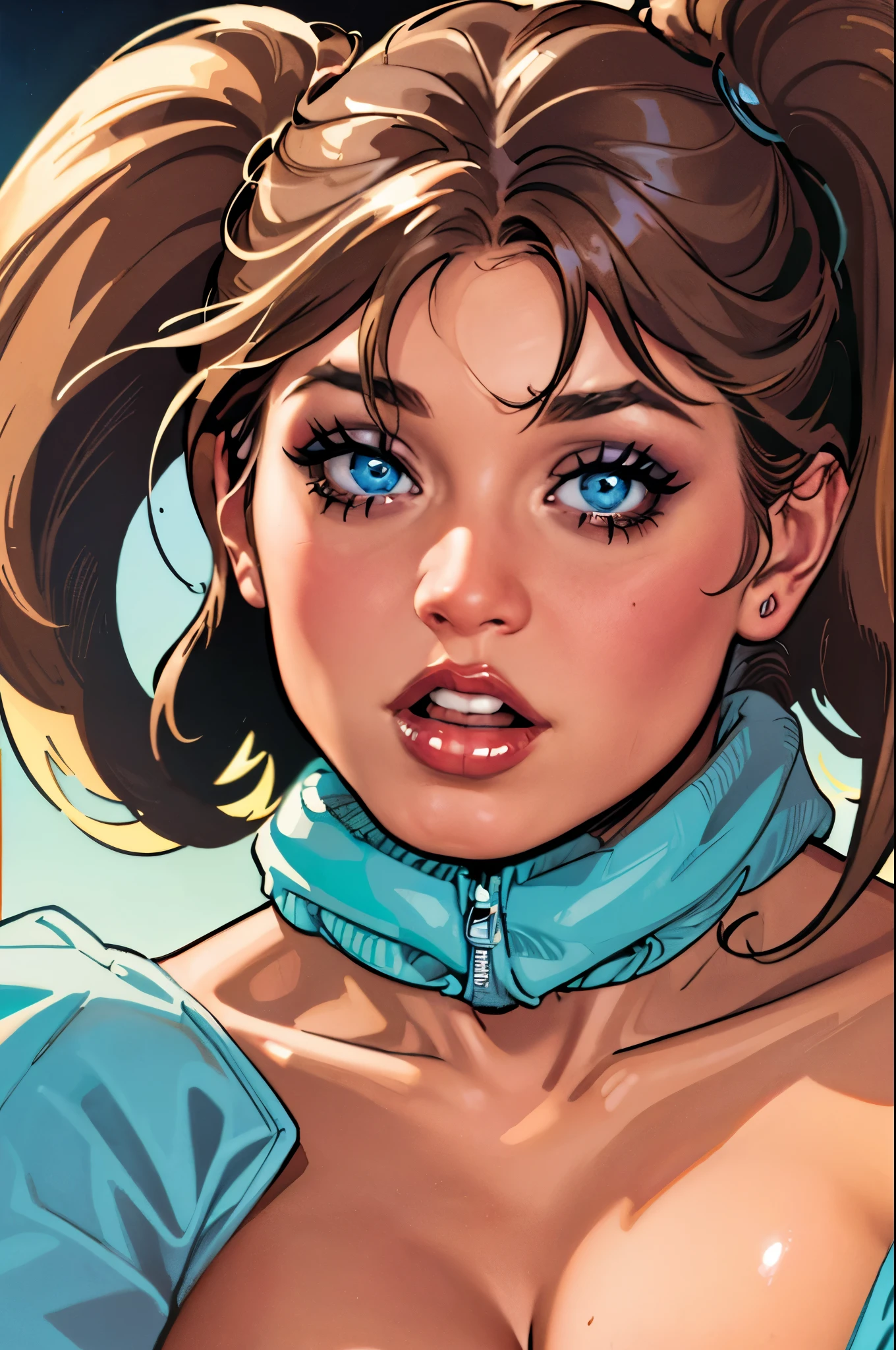 Rita Faltoyano as a realistic and intricate cyborg face of perfect beauty, 20 years old, full body, in comic book panel, full body, bold lineart illustration comic, seductive blue eyes, parted lips, perfect body, brown hair, nsfw:1.8, in the style of Adam Hughes, detailed face, parted lips, big ass, big tits, cleavage, (((from face to waist))), (((shape of fine beauty))), wearing a very small and sexy white lingerie with red lace, black background (work of art), 4K, Ultra HD 