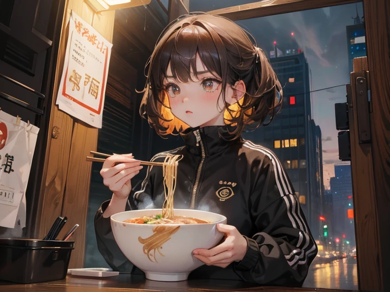 quality\(8k,wallpaper of extremely detailed CG unit, ​masterpiece,hight resolution,top-quality,top-quality real texture skin,hyper realisitic,increase the resolution,RAW photos,best qualtiy,highly detailed,the wallpaper,cinematic lighting,ray trace,golden ratio\), BREAK ,solo,1woman\(cute,kawaii,,hair floating,hair color dark brown,eye color dark brown,big eyes,black tracksuit,big breast,eating 1ramen with 1chopsticks, at food stall,dynamic angle\),background\(outside,city,noisy street,night,many drunken\)