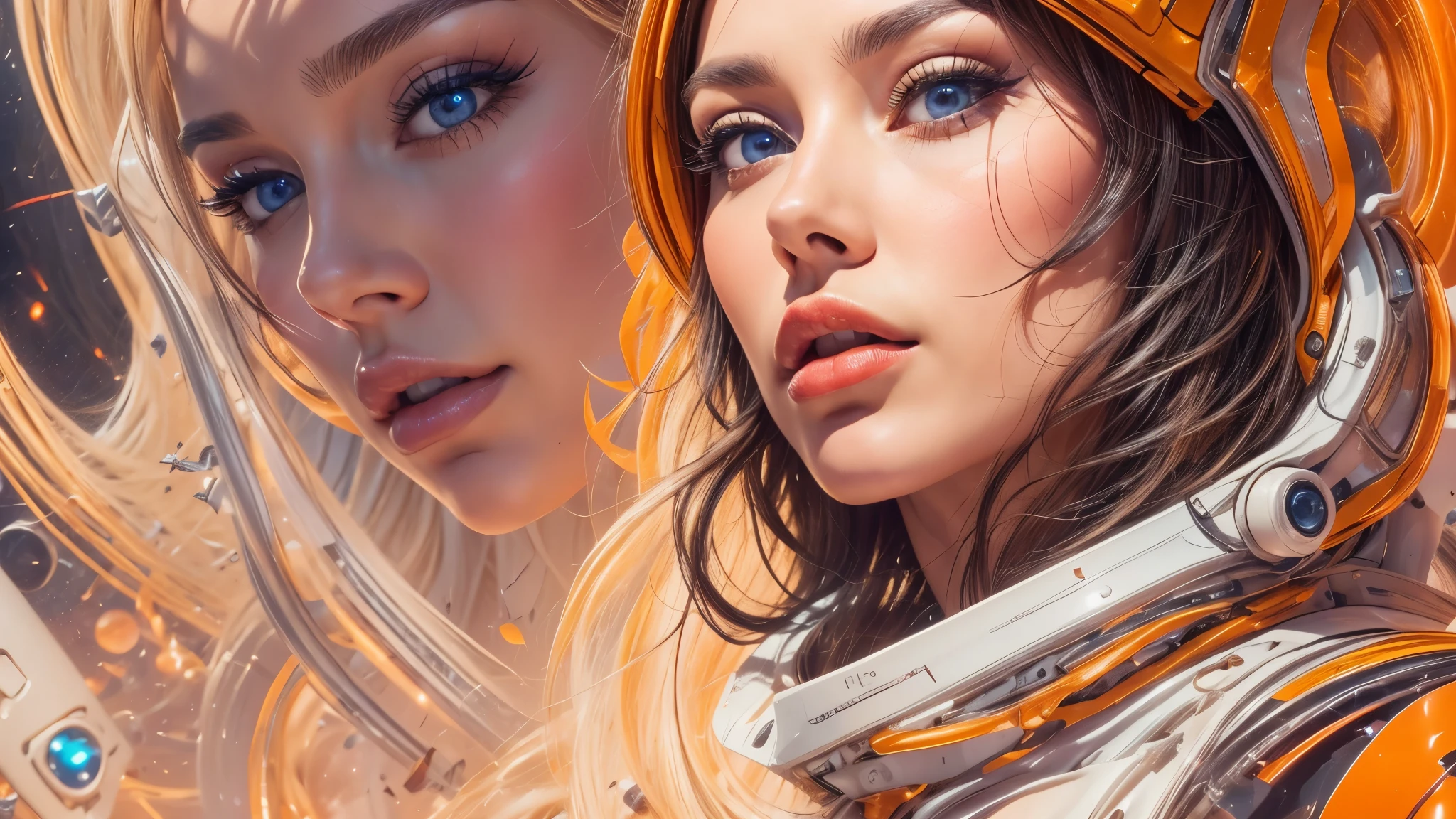 arafed image of a white woman in a futuristic suit with a spaceship in the background, movie art, in front of an orange background, inspired by Robert McGinnis, female protagonist, megastructure in the background, portrait of an ai astronaut, astronauts, an astronaut, portrait of a astronaut skeletor, perfect android girl, Highly Detailed Face and Skin Texture, Detailed Eyes, Double eyelids, perfectly detailed teeth, frank franzzeta and sakimichan  