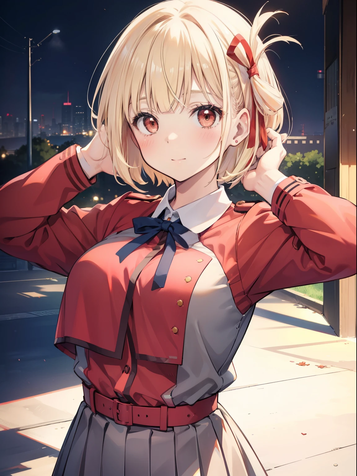 Chisato Nishikigi、Good looking girl (Short blonde hair with square bangs, Big Red Eyes, Red ribbon,blush, Perfect Face), independent , looking at the camera, masterpiece, Anime art style, Cute Characters, Most detailed, high quality、Nico Nico Smile、He has a gun