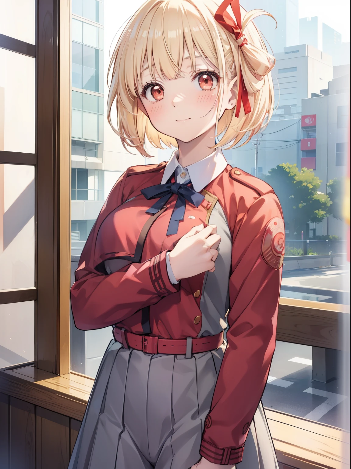 Chisato Nishikigi、Good looking girl (Short blonde hair with square bangs, Big Red Eyes, Red ribbon,blush, Perfect Face), independent , looking at the camera, masterpiece, Anime art style, Cute Characters, Most detailed, high quality、Nico Nico Smile、He has a gun