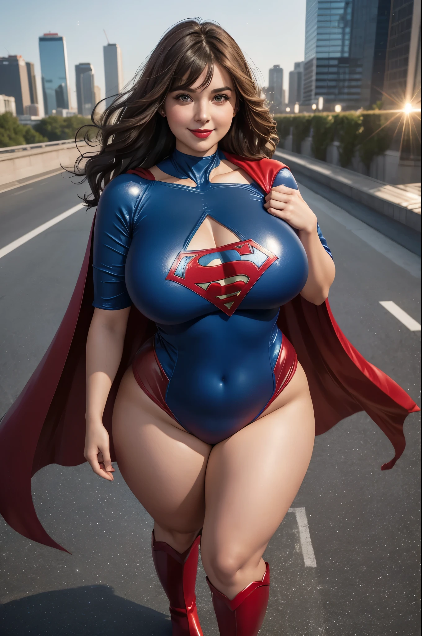 Supergirl, 27 years old, full body shot, Beautiful woman (((shoulder length wavy brunette hair))) (bangs:1.2) defined body, Red lipstick, smiling, hands free, standing, (huge_breasts:1.1) (very full figure, curvy, chubby, very soft, very thick, big breasts, sexy, sexy pose, fat thighs) ((( short sleeve, sparkling blue and red leotard, flowing red cape Supergirl))), rooftop city night, (curvy:1.3)