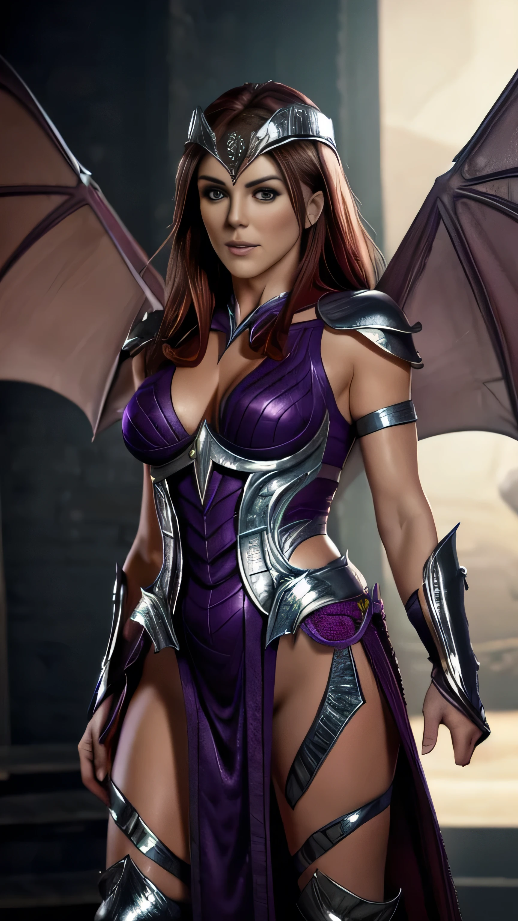 ((Elizabeth Hurley)) as Nitara from Mortal Kombat, red hair, green eyes, bat wings, medium hair, silver armor, tiara, purple attire, vampire teeth, 1woman, solo, full body view, front view, looking at viewer, intricate, high detail, sharp focus, dramatic, photorealistic painting art by greg rutkowski