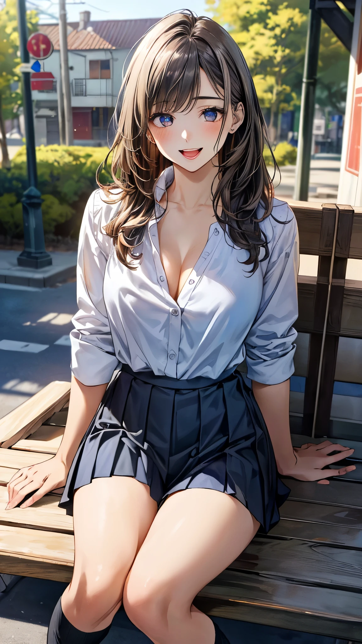 (masterpiece:1.3, top-quality, ultra high res, ultra detailed), (realistic, photorealistic:1.4), beautiful illustration, perfect lighting, natural lighting, colorful, depth of fields, surrealism, nsfw, 
beautiful detailed hair, beautiful detailed face, beautiful detailed eyes, beautiful clavicle, beautiful body, beautiful chest, beautiful thigh, beautiful legs, beautiful fingers, shiny skin, 
looking at viewer, 1 girl, japanese, high school girl, (perfect anatomy, anatomically correct, super detailed skin), cute and symmetrical face, face, perfect face, perfect eyes, 
(middle hair, straight hair, charcoal gray hair), crossed bangs, blue eyes, drooping eyes, big eyes, long eyelashes, (large breasts, seductive thighs), slender, outstanding style, 
((detailed cloth texture, white collared shirt, blue pleated skirt, dark red neck ribbon), white socks, loafer), 
(beautiful scenery), evening, (outside creperie shop), (sitting bench, (eating strawberry crepes)), (happy smile, open mouth),