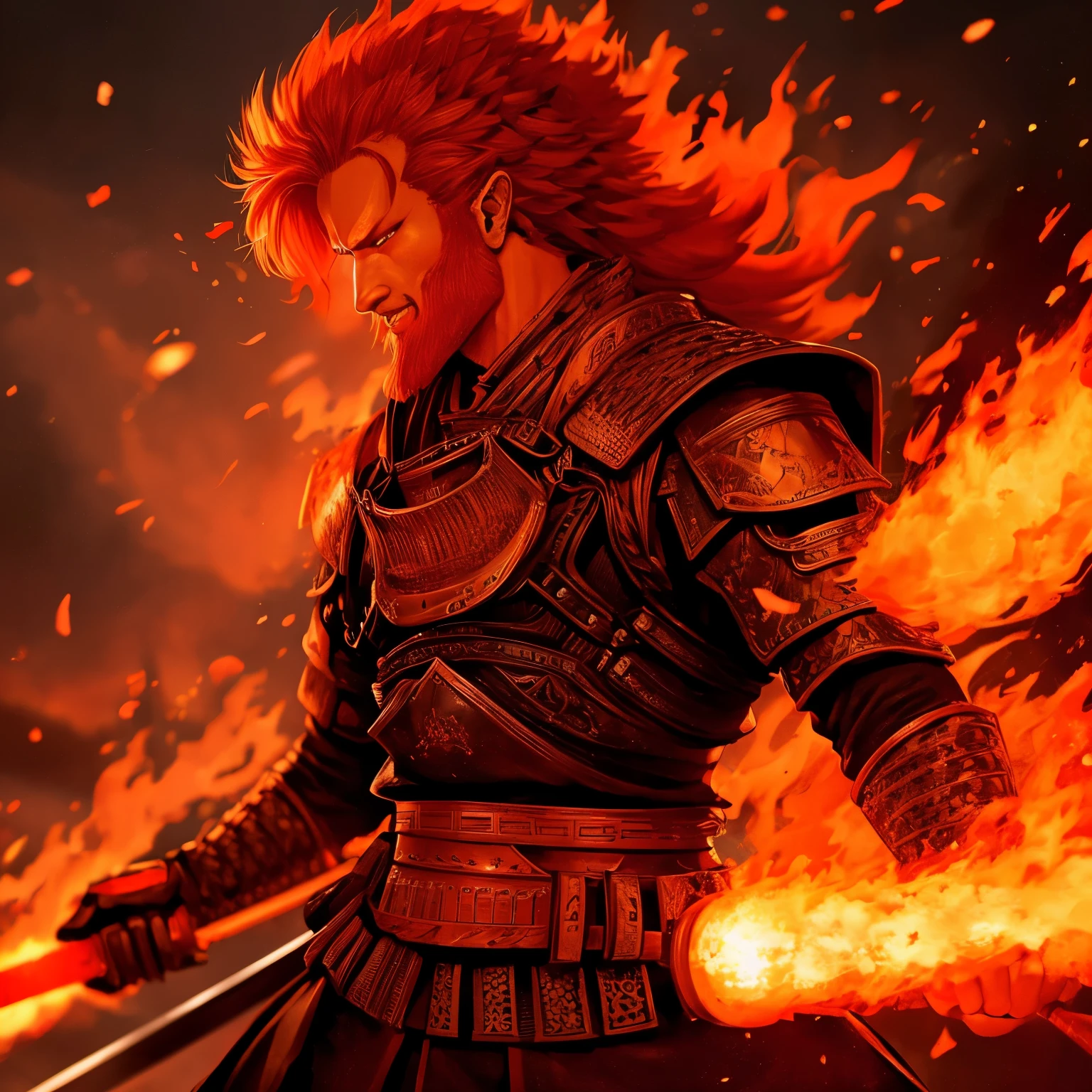 Ifrit, samurai, with long orange red hair 