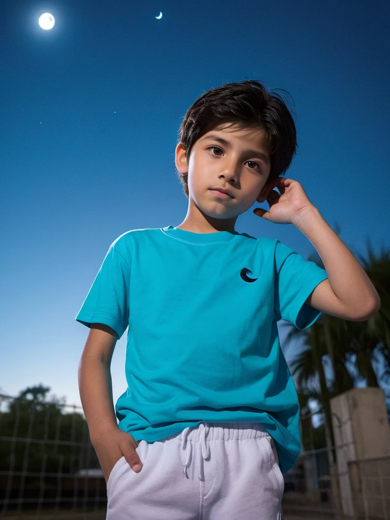 Un chico en el parque, .yeshorts corto, blue T-shirt, pelo rubio, ojos azules, piel blanca, rasgos finos europeos, with the moon behind