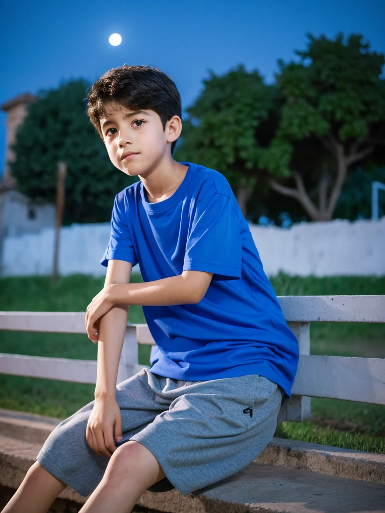 Un chico en el parque, .yeshorts corto, blue T-shirt, pelo rubio, ojos azules, piel blanca, rasgos finos europeos, with the moon behind