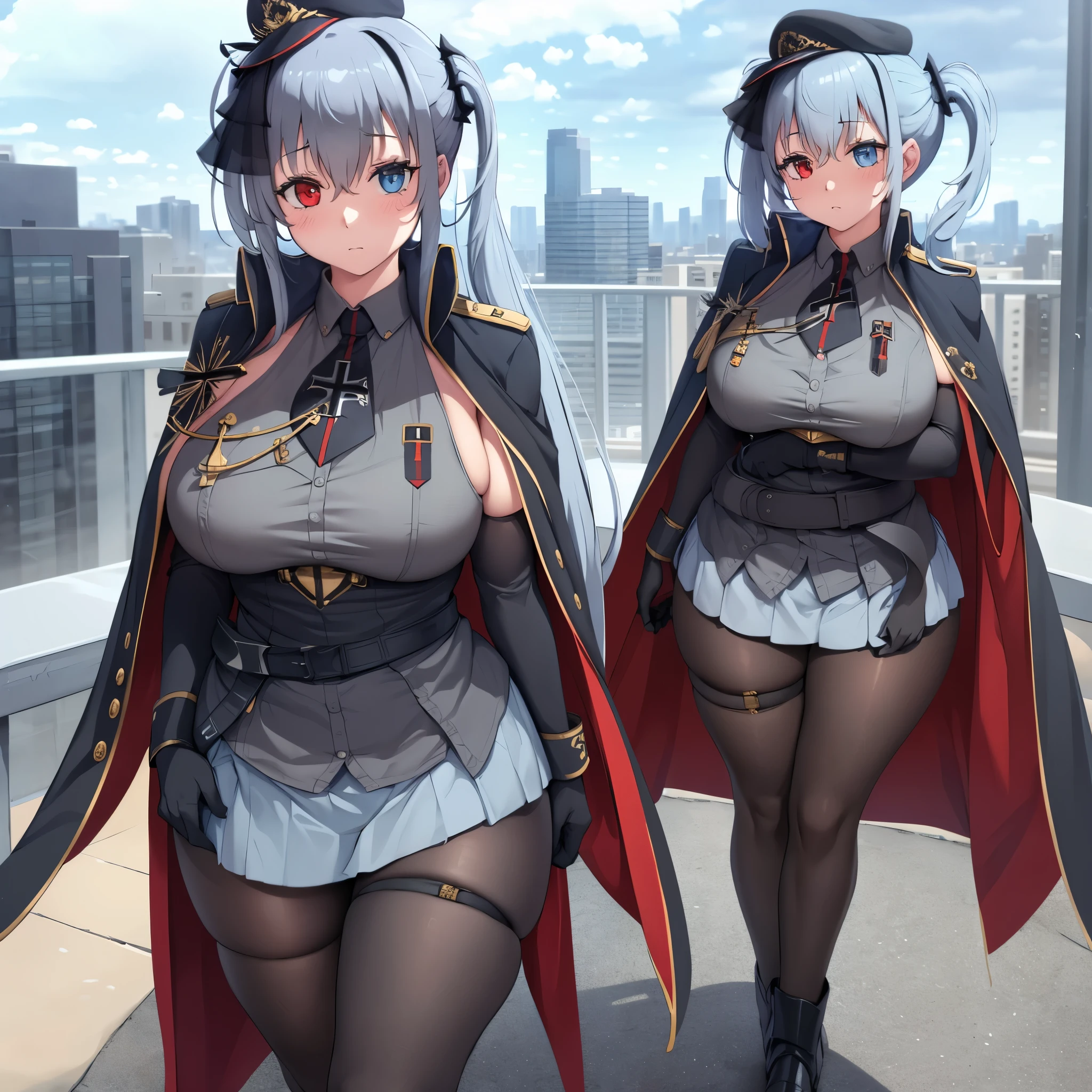 A woman wearing a gray military dress, with military accessories, short skirt, black coat made of cape with gold details, black tights, black heels, long silver hair, pigtails, one blue eye and one red eye, shy face, full body, standing on a high point in a city overlooking a large modern city, blue sky with clouds, ,(woman solo), HDR, ultra resolution, sharp, masterpiece, 8K HD