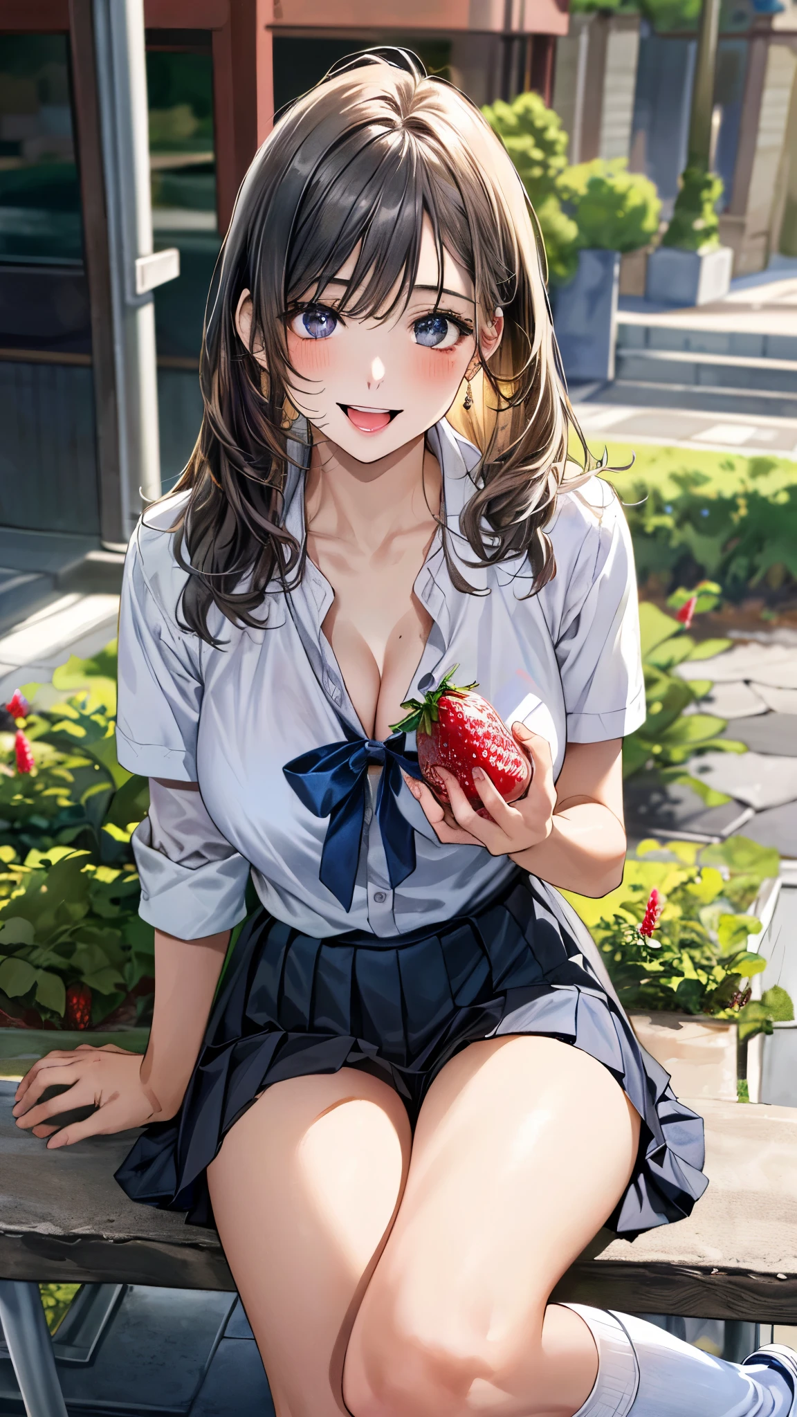 (masterpiece:1.3, top-quality, ultra high res, ultra detailed), (realistic, photorealistic:1.4), beautiful illustration, perfect lighting, natural lighting, colorful, depth of fields, surrealism, nsfw,
beautiful detailed hair, beautiful detailed face, beautiful detailed eyes, beautiful clavicle, beautiful body, beautiful chest, beautiful thigh, beautiful legs, beautiful fingers, shiny skin,
looking at viewer, 1 girl, japanese, high school girl, (perfect anatomy, anatomically correct, super detailed skin), cute and symmetrical face, face, perfect face, perfect eyes,
(middle hair, straight hair, charcoal gray hair), crossed bangs, blue eyes, drooping eyes, big eyes, long eyelashes, (large breasts, seductive thighs), slender, outstanding style,
((detailed cloth texture, white collared shirt, blue pleated skirt, dark red neck ribbon), white socks, loafer),
(beautiful scenery), evening, (outside creperie shop), (sitting bench, (eating strawberry crepes)), (happy smile, open mouth),