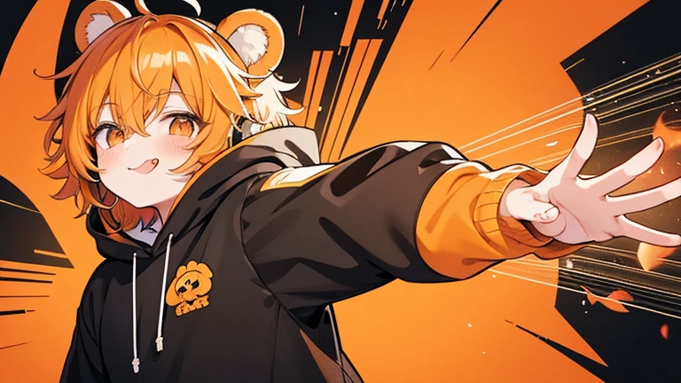 Fluffy bear ears　Hair color orange　((boy))　(headphone)　Black hoodie with gold lines　Face up Magic circle　Eye color black　Ultra short hair　 smile　 4K resolution　reaching out　Sticking out his tongue defiantly