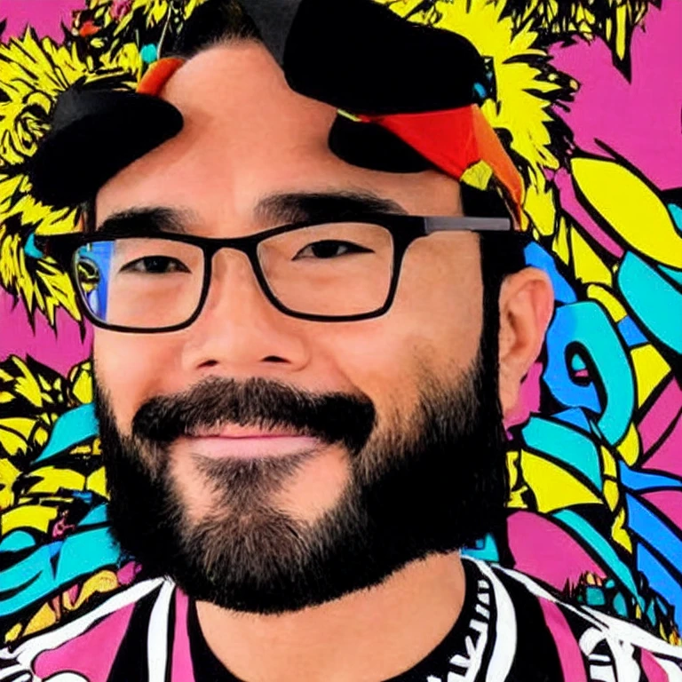 (Yossan), Drawn in pop art style、Generate a chest-up image of a handsome, bearded male model wearing glasses。He is full of confidence、Has an attractive look。The glasses have a colorful pop design.、Try to bring out his personality。The beard is trimmed、Emphasizes masculinity and boldness。His outfit is stylish and、The designs are bold and colorful, incorporating pop art elements.。The background features vibrant colors and graphics.、Creates a pop and vibrant atmosphere。His pose is powerful、The gaze into the camera is full of confidence.。The generated image is、Advertisements and posters、Used in fashion magazines、Expressing the fascinating world of pop art。