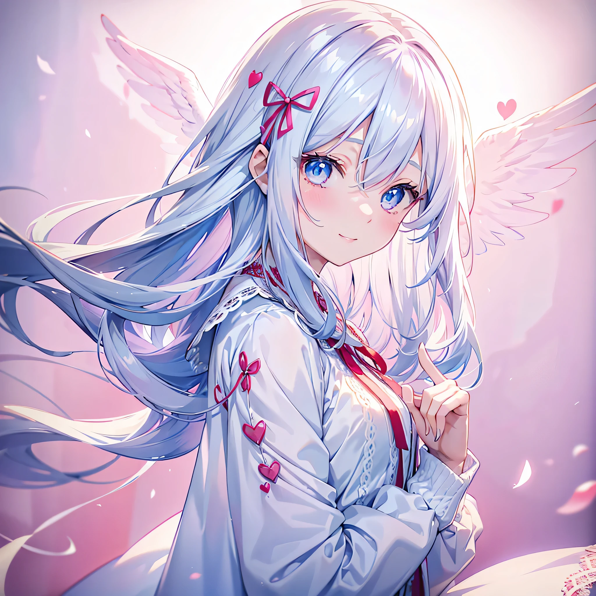 A pretty, cute woman with long white hair and blue eyes、Close-up of profile、24-years-old、Shyly、Embarrassed smile、A straight index finger is placed on the lips、Angel wings on the back、The outfit is a neat white blouse.、Red ribbon、Sheer lace cardigan、Heart Background、The background color is pink