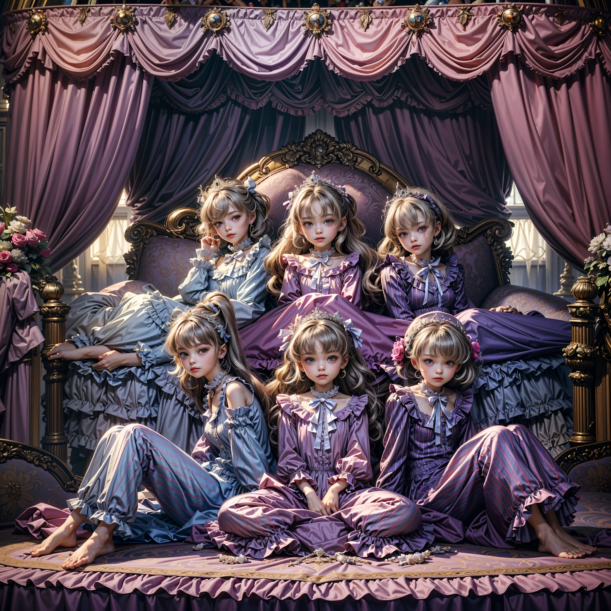 ,highest quality, masterpiece, Highest Resolution, artwork, super それにGet used to it, many Get used to it, Get used to it, それにGet used to it, 3K realistic photos,,((10 year old girls)),Super detailed baby face,The girl is a princess,detailed luxury tiara,Frilled yoke collar,Finely woven ribbon on the chest,Puff sleeves,Long sleeve,((ータスタイルのホットピンクのロングスカートのワンピースのpajamas、Colorful pastel colors、Lots of frills and ribbons。)),crazy'Colorful Fashion,光沢のあるシルクサテンのpajamas,1920s Nightgown,Headdress with frills and ribbons,Soft and smooth silk satin fabric,luxury,Very long blonde hair,blue eyes,White skin European,pajamas,Fine white ruffles and lace,Super long hair as long as her body,White long socks,Drawers full of frills,Castle bedroom at night,Super long flowing hair,On top of a luxurious king-size bed with a huge canopy,Pink pillow with lots of frills,Pink silk satin curtains with luxurious ruffles and ribbons surround the bed.,Girls sitting on bed,There are many pillows on the bed,(((Both legs are completely hidden under the skirt))),((((Round futon)))),((((A large frilly futon that covers the entire bed)))),Detailed comforter,Detailed bed sheets,Ruffled Bed Skirt,Deep Bed,Deep Background,pajamasパーティー,Happy girl,