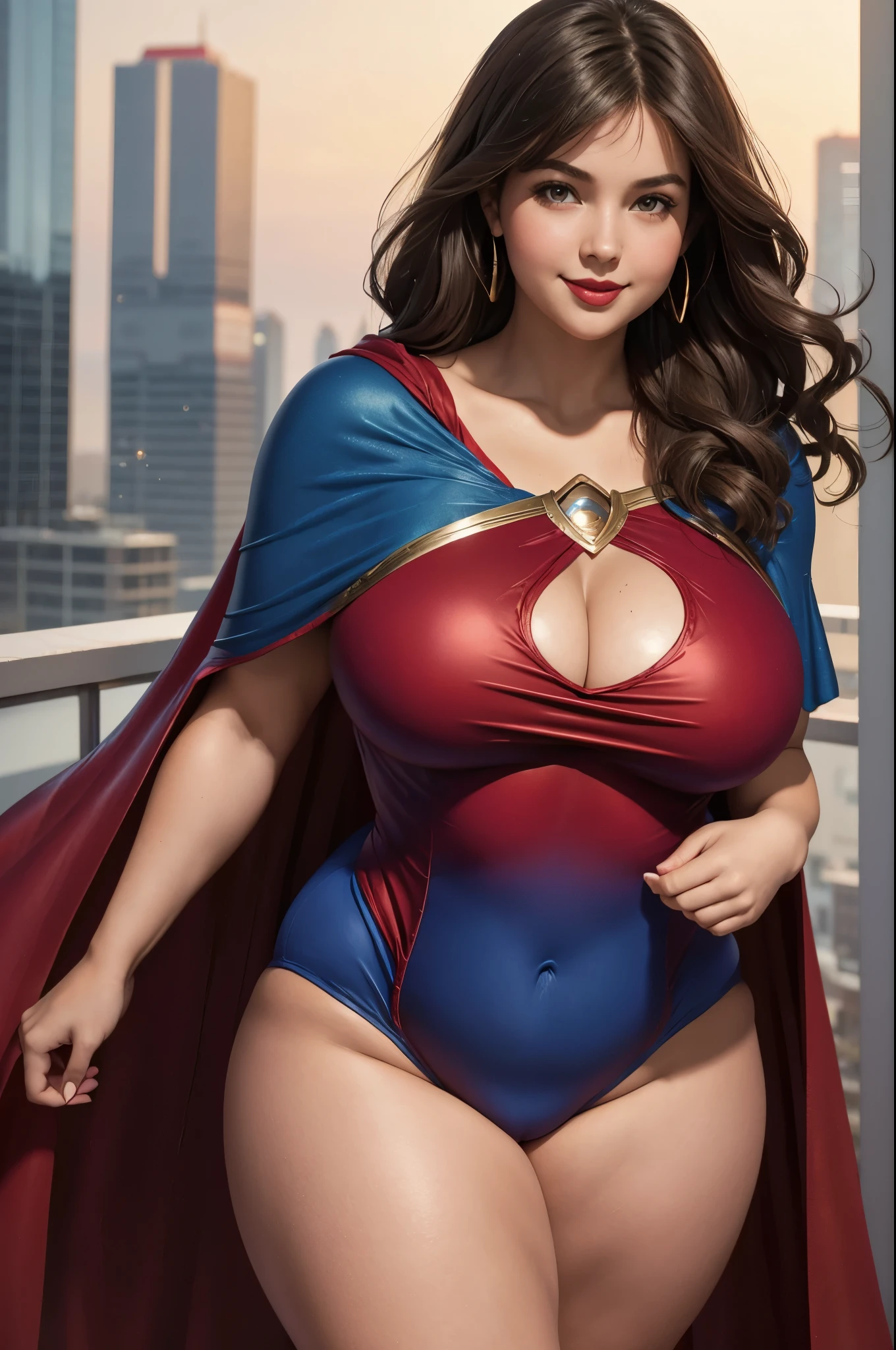 Supergirl, 27 years old, full body shot, Beautiful woman (((shoulder length wavy brunette hair))) (bangs:1.2) defined body, Red lipstick, smiling, hands free, standing, (huge_breasts:1.2) (very full figure, curvy, chubby, very soft, very thick, big breasts, sexy, sexy pose, fat thighs) ((( short sleeve, sparkling blue and red leotard, flowing red cape Supergirl))), rooftop city night, (curvy:1.4)