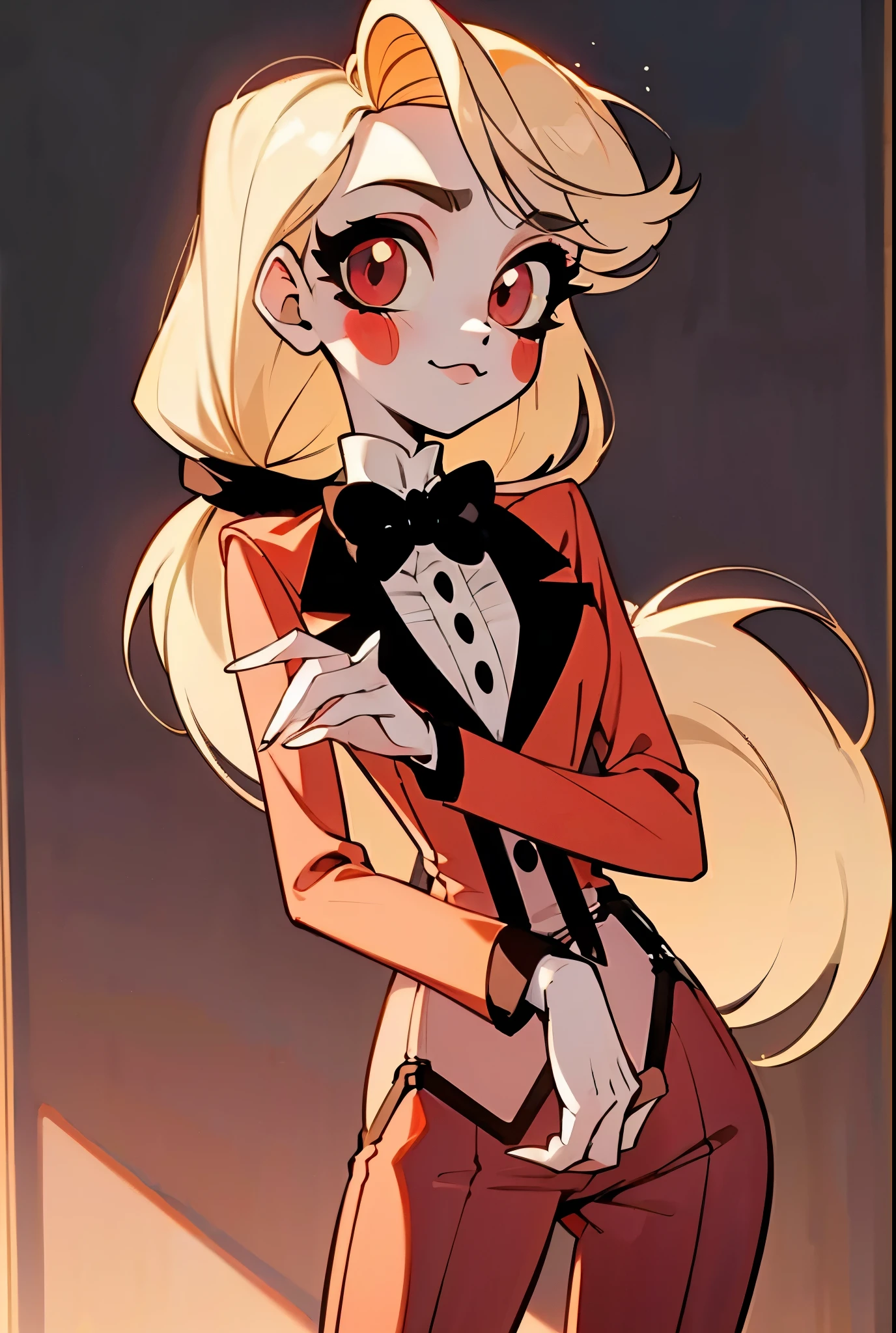 Charlie, pretty girl, cute face,sparkling eyes, sweet, lovely,kawaii background,  sweet face,sweet expression,tender smile, redSuit, White skin, rosy cheek, blonde ankle-length hair,  twice-banded ponytail with two black hair ties,eyes with light yellow sclera, red pupils, s 

red tuxedo-jacket with darker-colored lapels, high-collared white untucked dress-shirt with small black buttons on the upper-front, small black bowtie and black suspenders over her shoulders, dark red dress pants, dark red pants, medium-heeled white saddle shoes, (masterpiece:1.2), (cowboy-shot:1.2), dark romantic lighting, (highly detailed:1.2), (detailed face:1.2), (full-body shot:1.2), (gradients), colorful, detailed eyes, (natural lighting:1.2), (solo:1.2),