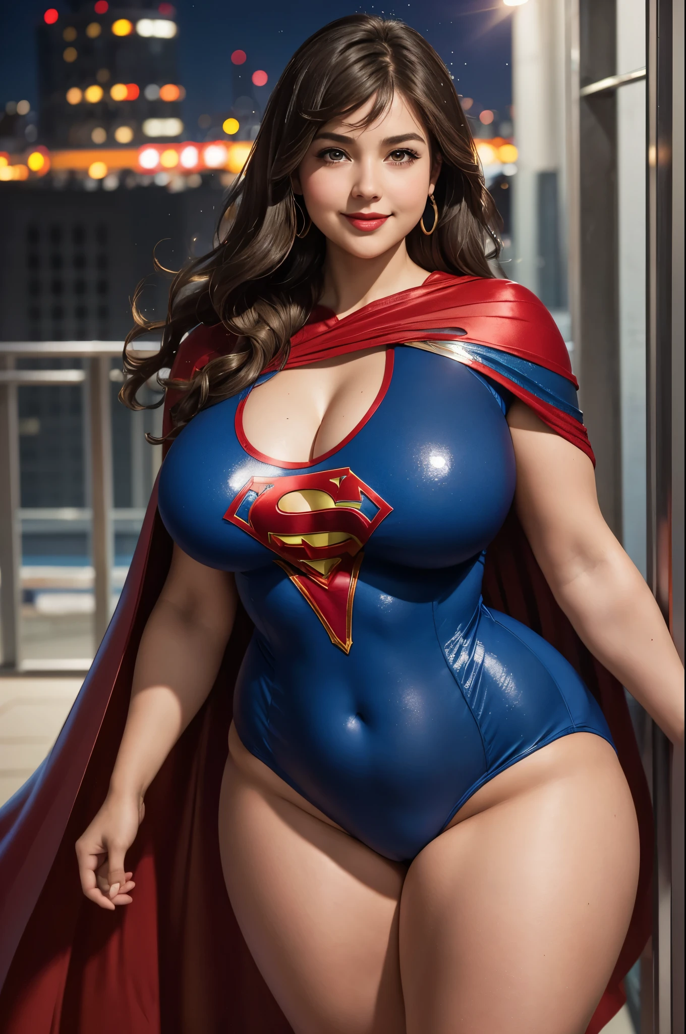 Supergirl, 27 years old, full body shot, Beautiful woman (((shoulder length wavy brunette hair))) (bangs:1.2) defined body, Red lipstick, smiling, hands free, standing, (huge_breasts:1.2) (very full figure, curvy, chubby, very soft, very thick, big breasts, sexy, sexy pose, fat thighs) ((( short sleeve, sparkling blue and red leotard, flowing red cape Supergirl))), rooftop city night, (curvy:1.4)