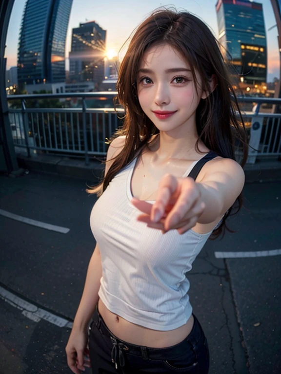 One girl, Fisheye Lens, Selfie, Wind, Messy Hair, sunset, Cityscape, (Aesthetics and atmosphere:1.2),smile、Your underwear is visible through your clothes due to sweat