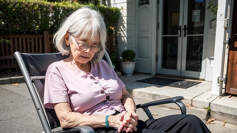 Elderly mother sleeping on a folding chair