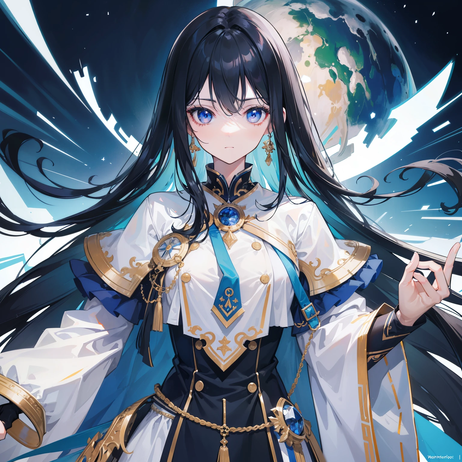 girl,Long Black Hair, The inside of the hair is blue、Iris,White coat,uniform、masterpiece, highest quality, Super detailed, Downcast eyes,Tabletop, highest quality), (Perfect athletic body:1.2),8K High Resolution, Trend Art Station, White Background, Standing in the Wilderness,whole body、Crow-shaped gauntlets