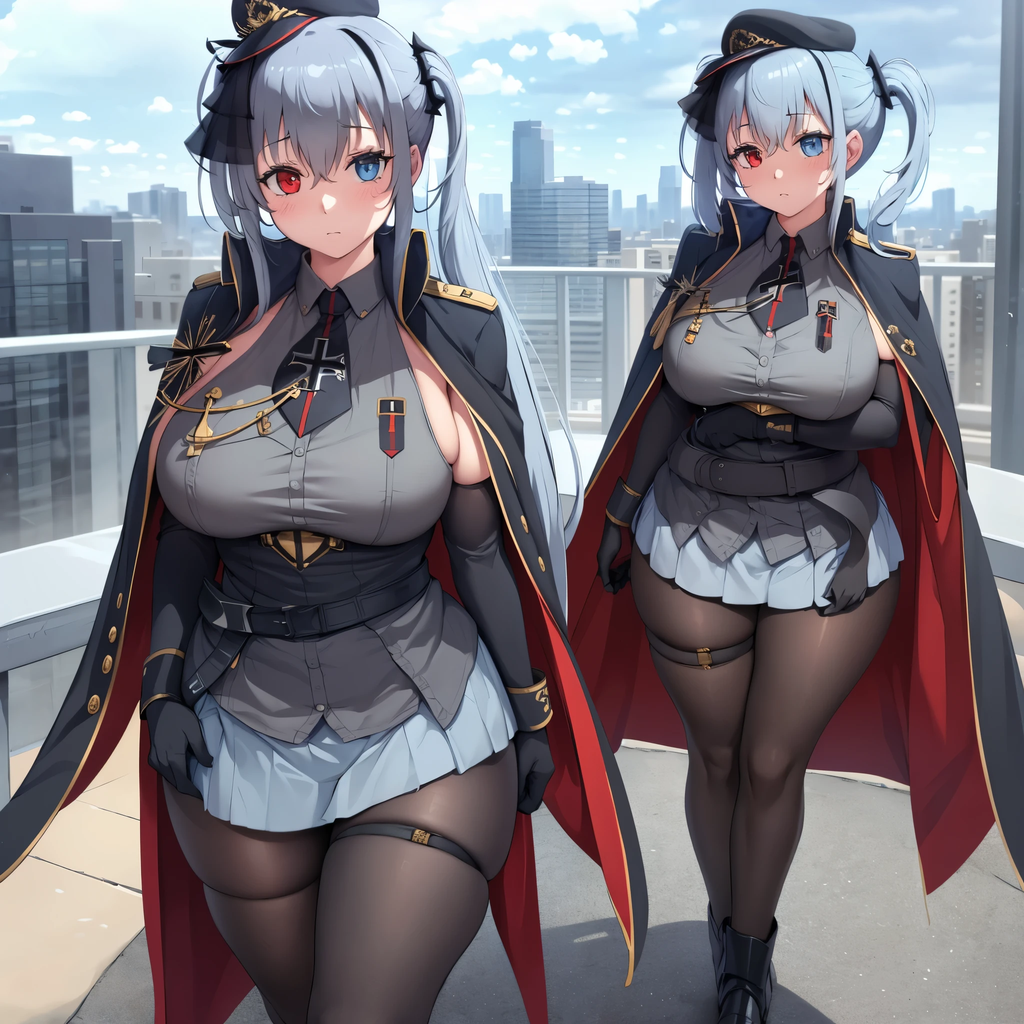 A woman wearing a gray military dress, with military accessories, short skirt, black coat made of cape with gold details, black tights, black heels, long silver hair, pigtails, one blue eye and one red eye, shy face, full body, standing on a high point in a city overlooking a large modern city, blue sky with clouds, ,(woman solo), HDR, ultra resolution, sharp, masterpiece, 8K HD