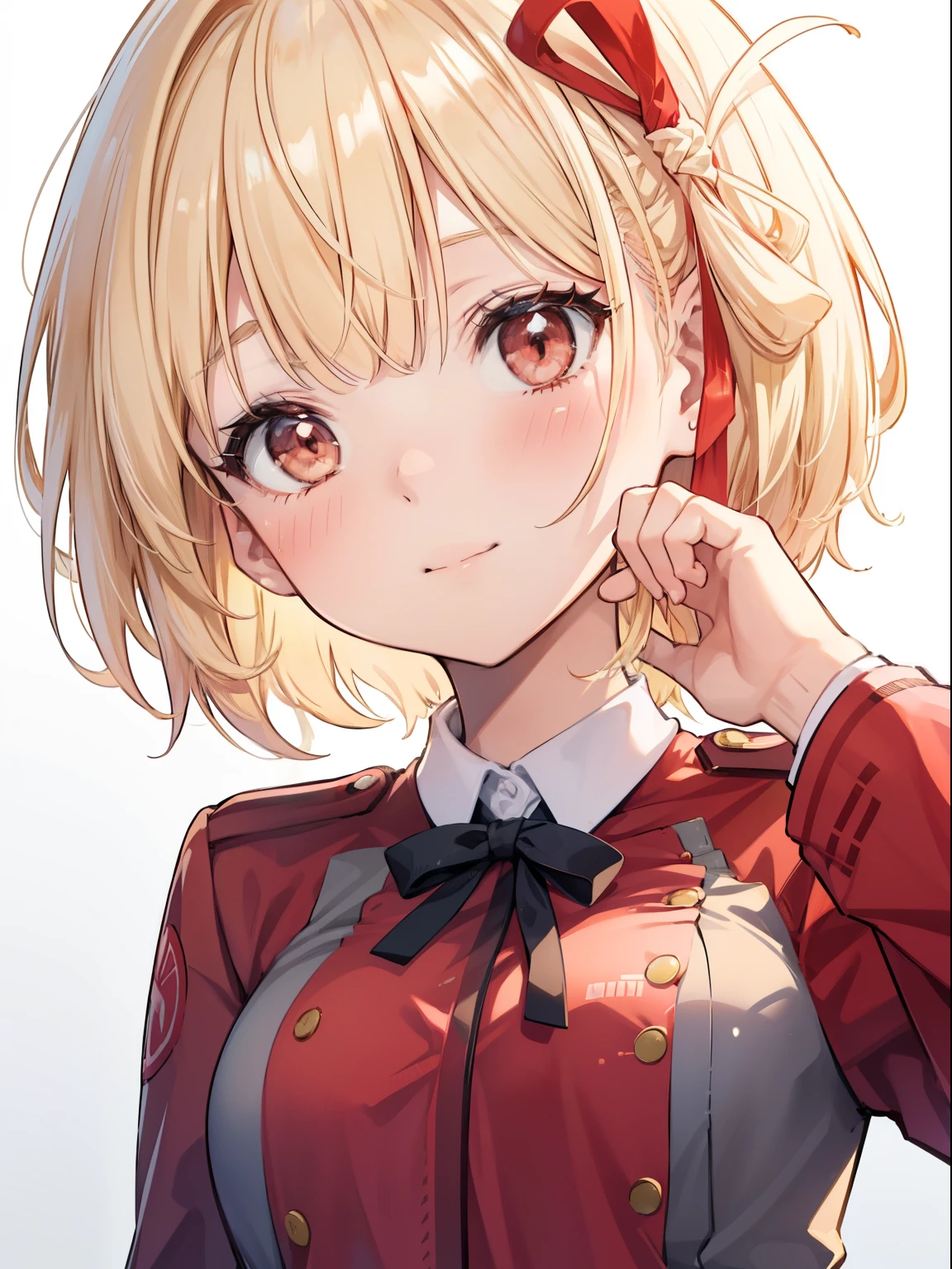 Chisato Nishikigi、Good looking girl (Short blonde hair with square bangs, Big Red Eyes, Red ribbon,blush, Perfect Face), independent , looking at the camera, masterpiece, Anime art style, Cute Characters, Most detailed, high quality、Nico Nico Smile、He has a gun