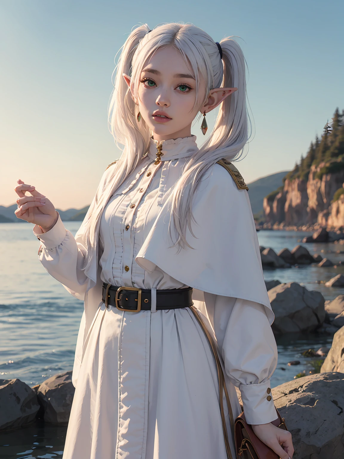 (maximum quality image, masterpiece), detailed landscape,(((white hair))), detailed beautiful green eyes, tranquil lake (reflecting the vibrant sky at dusk),nuances of colors,quiet, frieren, 1girl, long hair, pointy ears, twintails, jewelry, elf, earrings, capelet, white capelet, long sleeves, parted bangs, dress, belt, flower, small breasts, wide hips, from below, hands behind hips