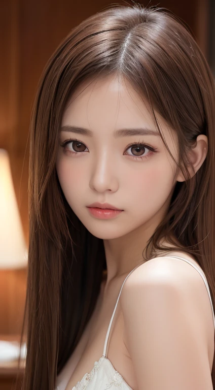 1 female, Light brown hair, Blunt bangs, Hair behind the ear, Hair that falls over the shoulders, Long Hair, Ultra Fine Face, Thin face, Delicate lips, (Beautiful Eyes:1.5), Lightly reddish, eyes are light brown,See this, Ultra-fine needle, very thin fingers, The optimal ratio is four fingers to one thumb., Nipples hidden by hair, Port Area ,First Person View, 8k, Tabletop, Hmph, Super Detail, high quality, 最high quality, High resolution,