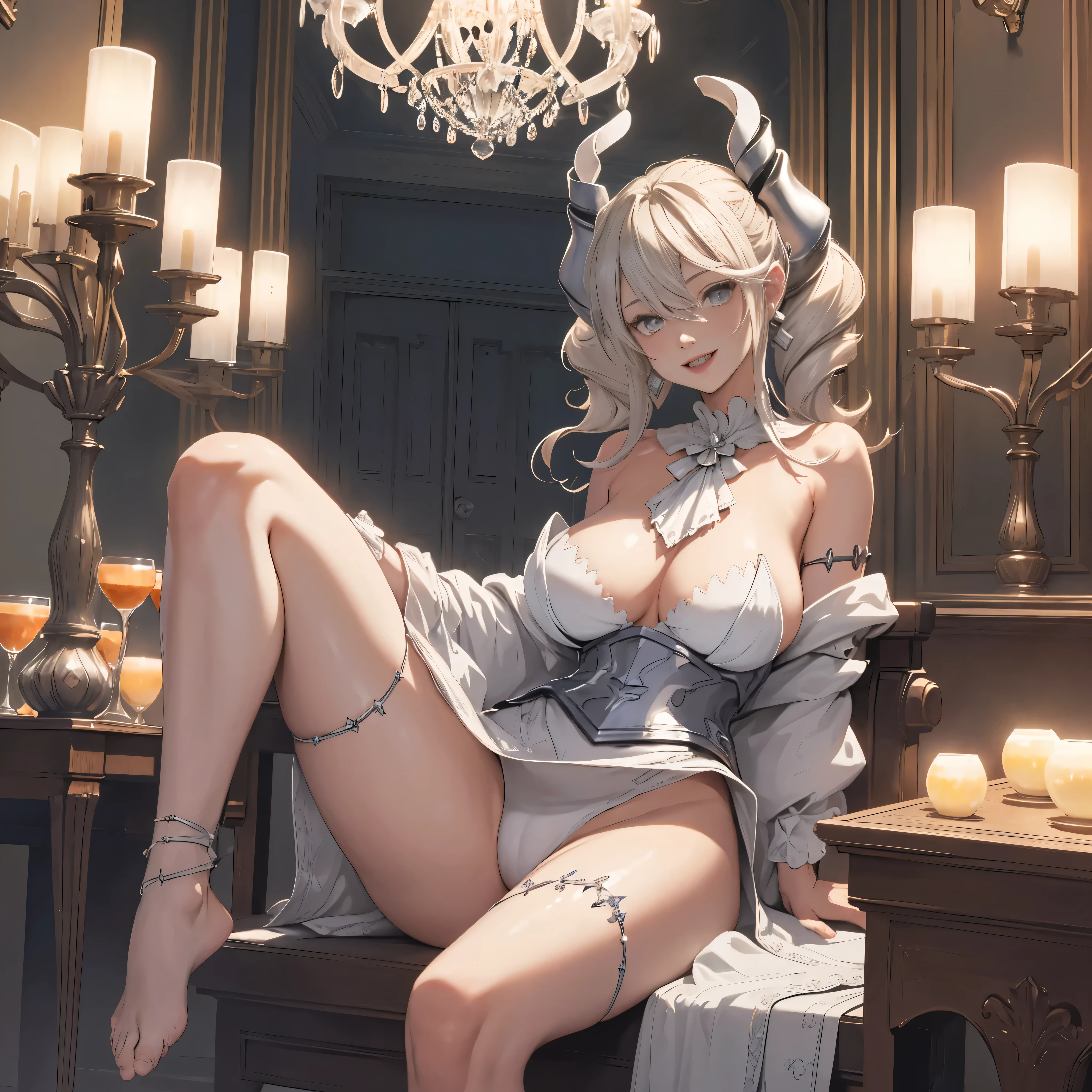 ((masterpiece)),(best quality), ((extremely detailed CG unity 4k wallpaper)),(cinematic lighting), (an extremely delicate and beautiful evil girl:1.3),face, fixed eye, hand fixed (++blonde hair++), silver eyes, long hair, jewelry,earrings, :d, maid, labrynth,
Large breast ,(Crystal chandelier), horn ,indoor ,view from side, hand over lab, sitting , crossed leg in detailed, all body , leg fixed, shenhedef, shenhernd