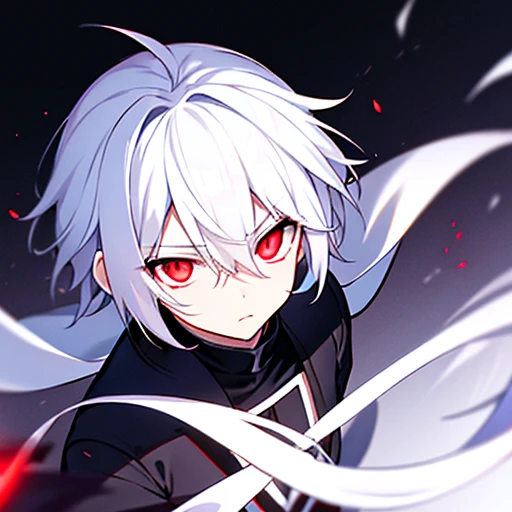 close range、High Angle、An anime boy with white hair is looking straight at the camera、slim、Shadow Body、Wearing black clothing、Monochrome、White skin、Disheveled Hair、Red glowing eyes
