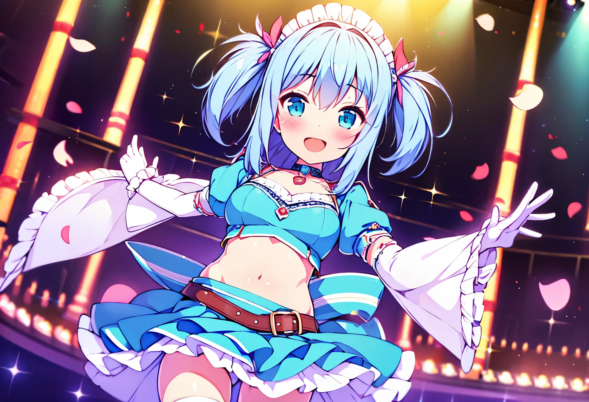 MLTD bg style, (best quality, 8K, masterpiece, HDR, ultra detailed:1.2), cinematic angle, (light particles, sparkle), lens flare, depth of field, bokeh, 
1girl, white gloves, open mouth, microphone, short puffy sleeves, glowstick, smile, petals, maid headdress, frills, blush, solo, stage, white thighhighs, belt, hair bow, hair ribbon, medium breasts, idol, upper teeth only, looking away, aqua bow, frilled skirt, hair ornament, frilled dress, audience, solo focus, concert, zettai ryouiki, spotlight, stage lights, shiny hair, looking afar, buckle, belt buckle, elbow gloves, wing collar, jewelry, petticoat, navel, NSFW  show pussy