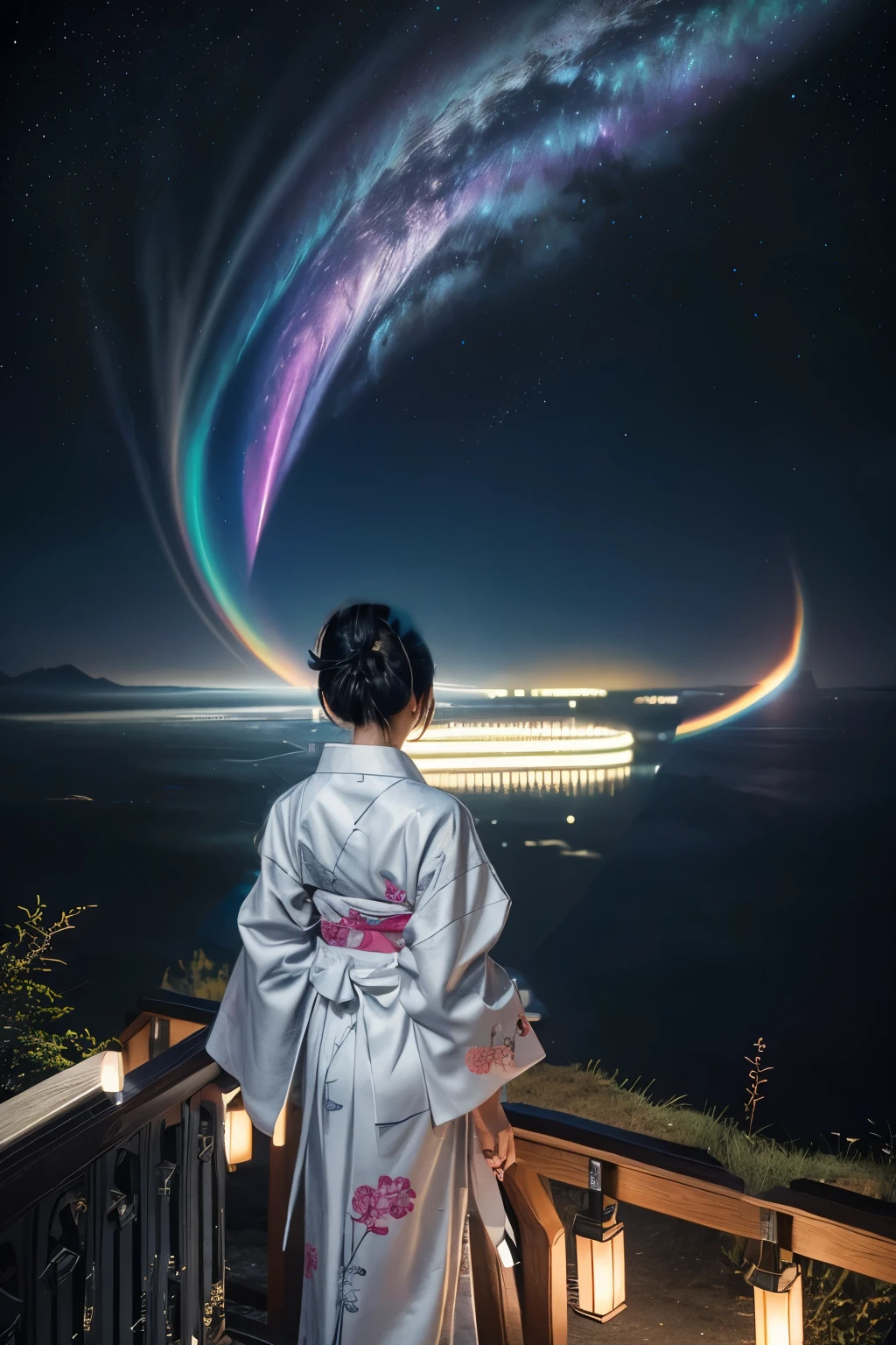 A 15-year-old Japanese girl stands gazing at the night sky、Slender、wearing a black yukata。White medium short hair。The yukata has a white rabbit design。Highest quality。Pose in the back。