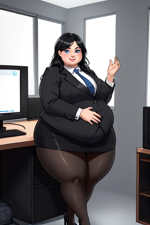 (masterpiece, highest quality:1.2), solo, 1girl, 35-year-old, mature woman, blue eyes, long black hair, 35-year-old woman, plus size body, BBW, (round belly:1.07), (chubby legs:0.84), fat rolls, fat woman, fat figure, smiling, looking at viewer, (Wearing: grey business suit, tight black skirt, black pantyhose, High heels), Indoors, computer room