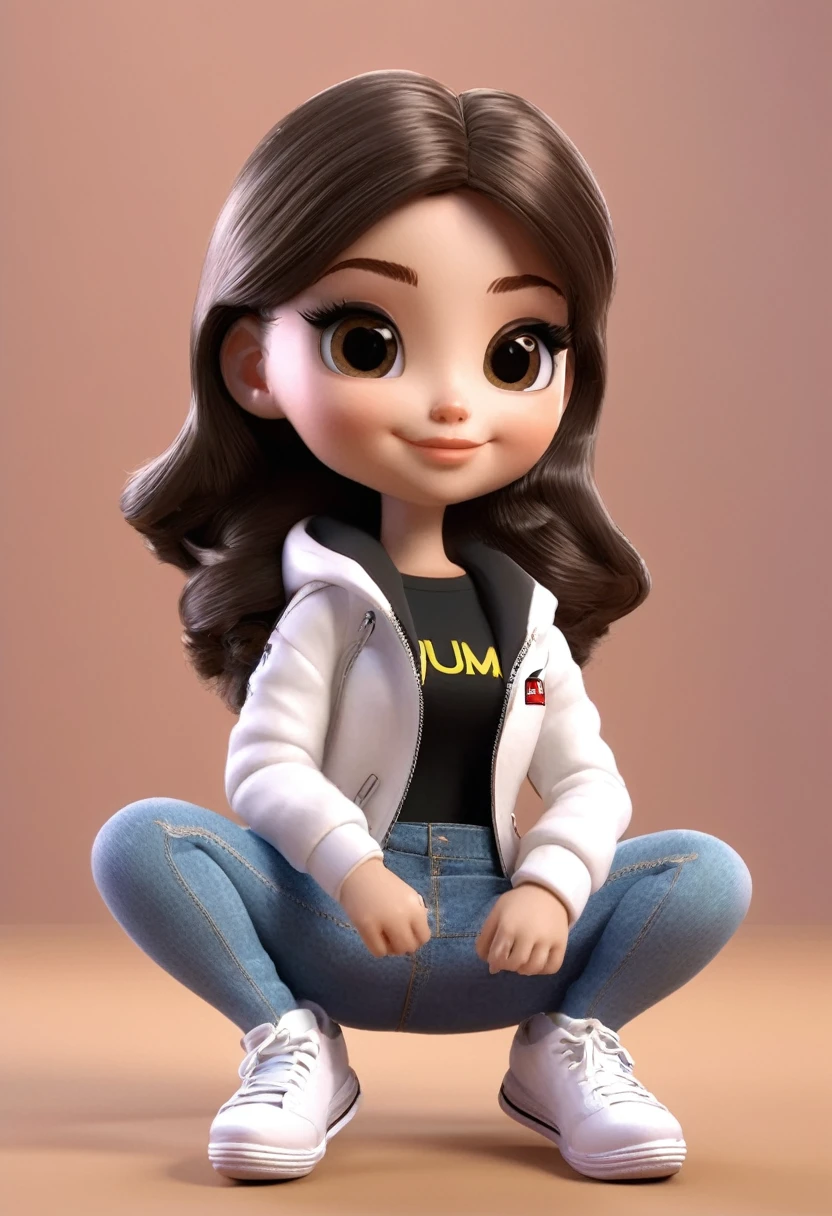 uma garota super fofa, corpo todo, longos cabelos brancos super macios, usa uma jaqueta preta, Jeans and white sneakers, tem olhos marrom grandes e brilhantes, She's sitting on the floor, Projeto IP, Clean and bright background 3D rendering, oc rendering, 8k, foco suave, fino detalhe brilhante super 