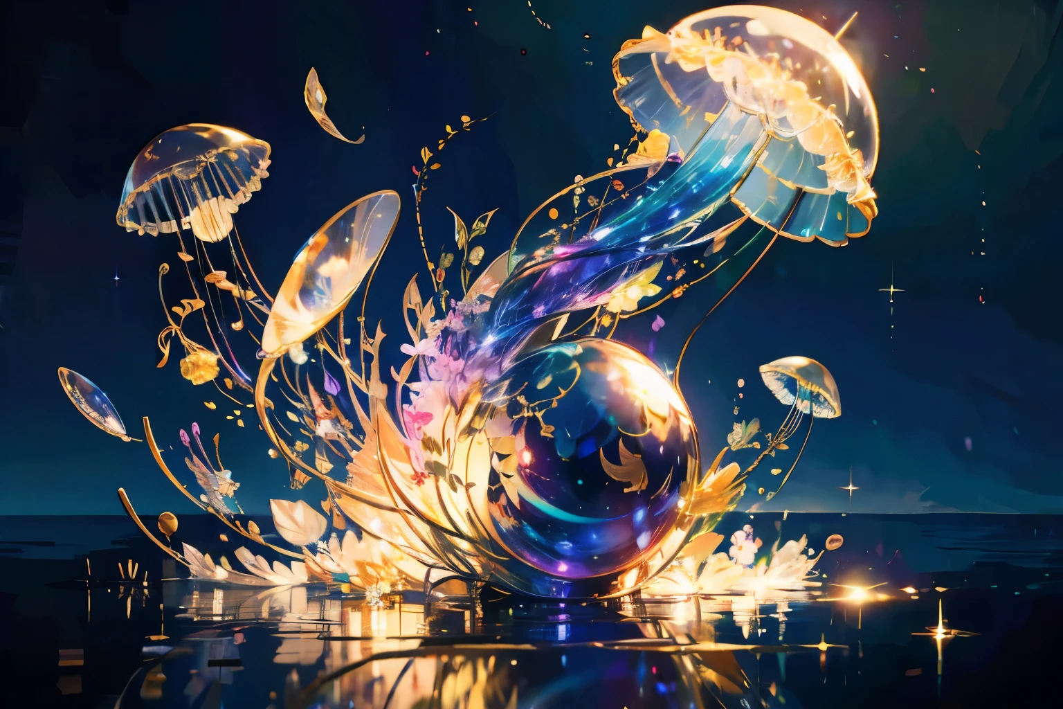 Anime style, a large jellyfish that shines in seven colors, the background is the night sky, fantastic and mysterious