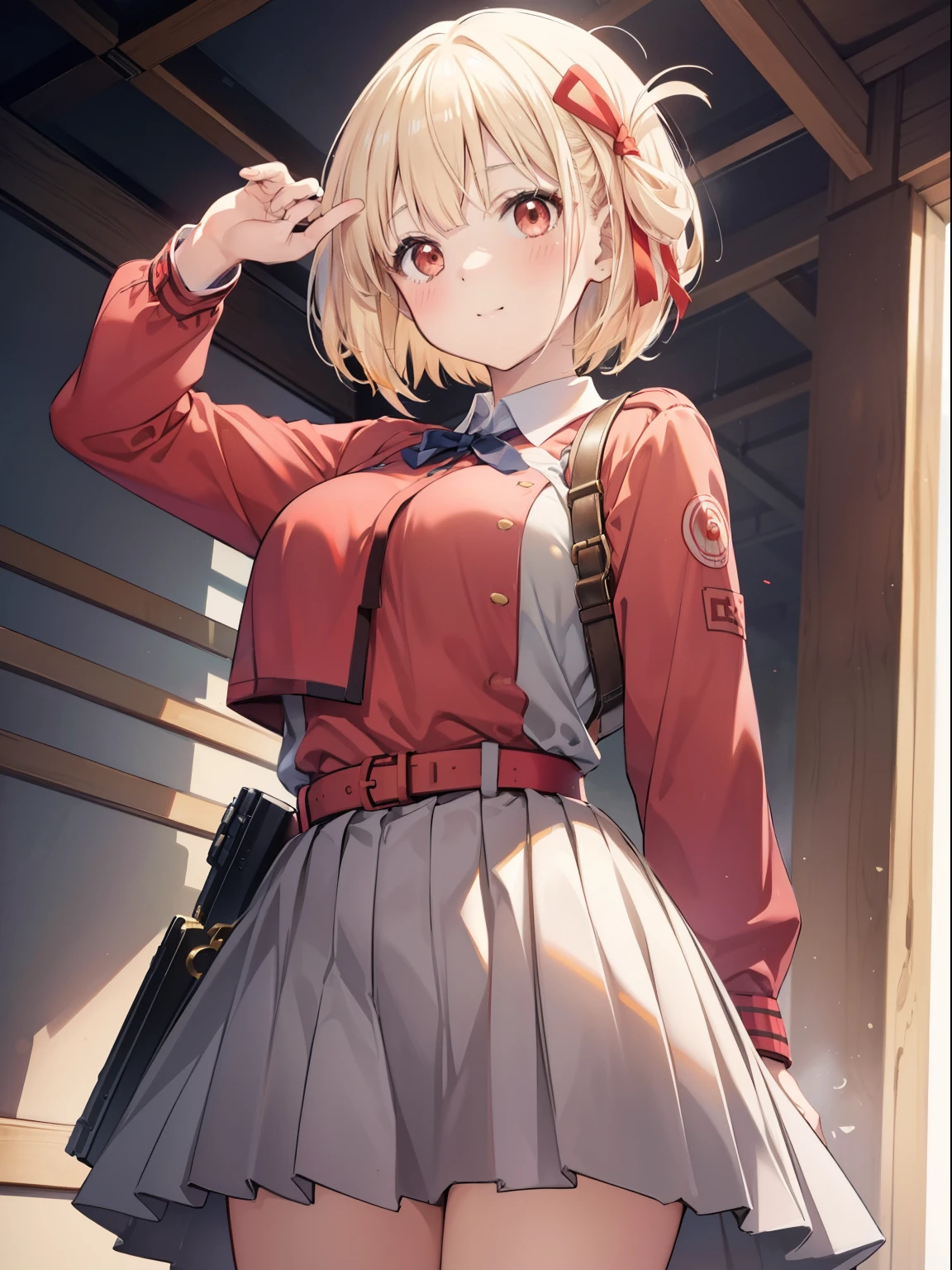 Chisato Nishikigi、Good looking girl (Short blonde hair with square bangs, Big Red Eyes, Red ribbon,blush, Perfect Face), independent , looking at the camera, masterpiece, Anime art style, Cute Characters, Most detailed, high quality、Nico Nico Smile、have a gun in hand、Ready your gun?