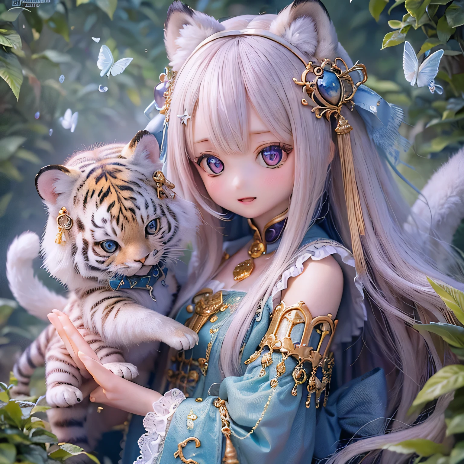 (highest quality,4K,8k,High resolution,masterpiece:1.2),Very detailed,Realistic,White Tiger Girls Chibi,Beautiful details,Long eyelashes,Detailed lips,A girl in colorful and cute clothes,A tall tree with vibrant flowers々々Play in the Magical Garden,Soft, warm sunlight hitting the trees々Plug in from between,Creates a magical and dreamy atmosphere,Sparkling fairy dust floating in the air,Bring a sense of glamour and wonder to your scenes,The skin has a delicate and intricate tiger pattern..,Glows softly, Mysterious Light,The innocent and happy expressions of the girls, 
Emphasize a pure and playful personality,Small and adorable chibi characters, 
Adds cuteness, A harmonious blend of reality and fantasy, 
Evokes childlike joy and imagination, vibrant and lively color palette, 
Shades of pink, purple, Blue and,Painting-like texture, Add depth and richness to your artwork, Capture the magical essence of the scene.