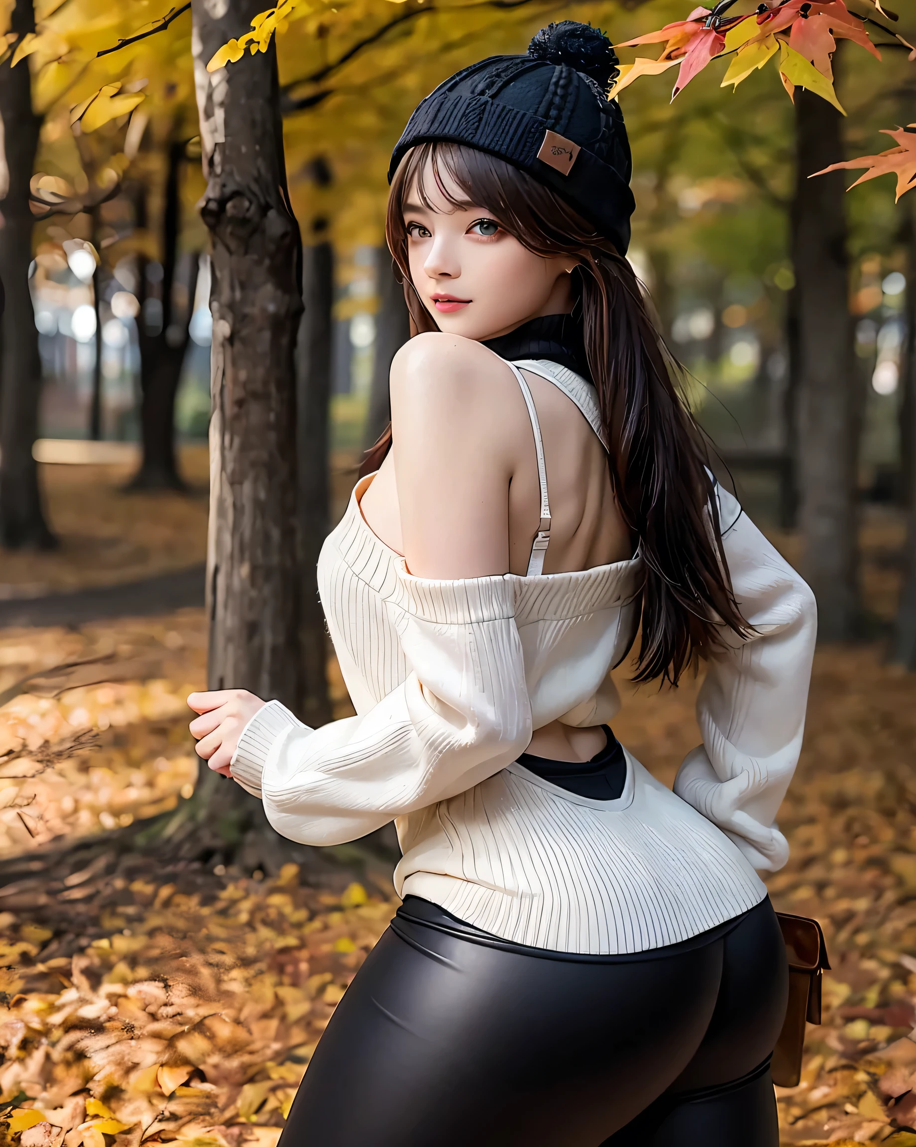 (masterpiece:1.4),(highest quality:1.4),(High resolution:1.4),Confused,intricate detaileds,(highly detaileded skin:1.2), Unity 8K, Gorgeous young woman posing for an autumn photoshoot, Photorealism, (Gorgeous face:1.4),(detaileded eyes:1.4), dark eye Compensate, Compensate, Surreal, Posing in a forest of autumn leaves, Long curly hair cascading down her back, Slender curvaceous body, Wide Hips, Messy blonde hair with auburn highlights, high waisted black leggings, Ankle boots, Fluffy knitted hat, Loose cropped turtleneck sweater , dark and shadowy, addition_detailed,