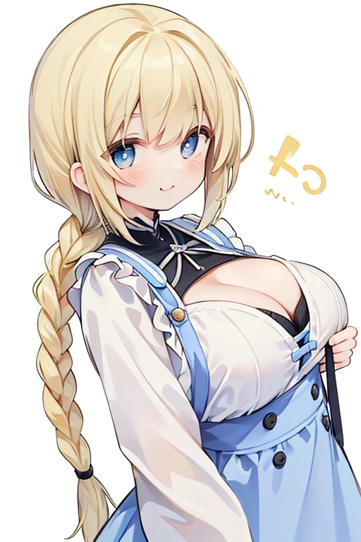 (top-quality、8K、32K、​masterpiece、nffsw:1.2)、Photo of blonde blue-eyed woman with cute smile、pinafore、((Single braid：2))、The upper part of the body、simple background、Look around、A smile、from the front side、Large Breasts、Cleavage、smile、