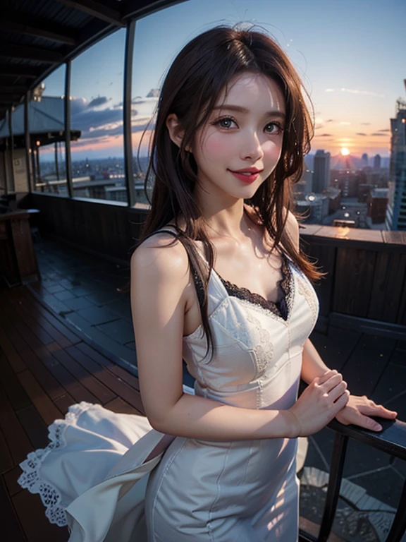 One girl, Fisheye Lens, Selfie, Wind, Messy Hair, sunset, Cityscape, (Aesthetics and atmosphere:1.2),smile、Your underwear is visible through your clothes due to sweat、She is wearing a dress with lace