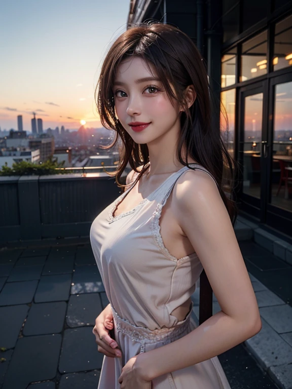 One girl, Fisheye Lens, Selfie, Wind, Messy Hair, sunset, Cityscape, (Aesthetics and atmosphere:1.2),smile、Your underwear is visible through your clothes due to sweat、She is wearing a dress with lace