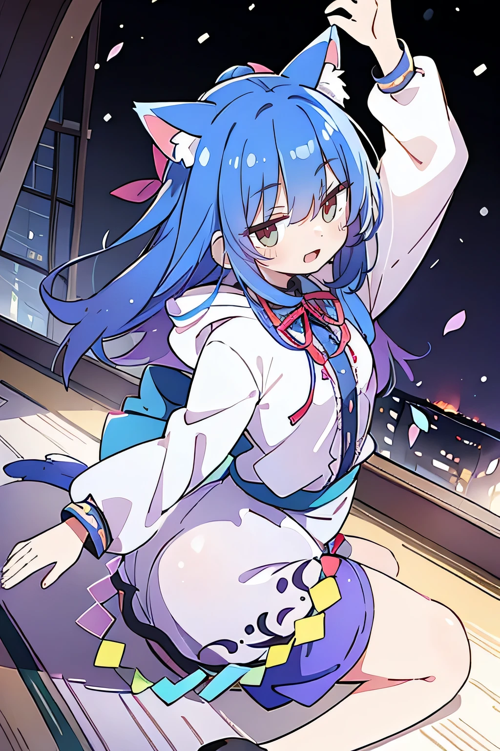 (masterpiece:1.2),Super detailed,lifelike,Expressive eyes,fair skin,perfect face shape,1 girl,
Japanese comics,Gorgeous blue hair,flowing blue hair,flowing clothes,Cat ears,Petals fall,beautiful lola,Baby Angel,
Shaking head with one hand,Cross your legs,Gentle and peaceful background,The pavilion is cool and comfortable,smile, wearing hoodie, background of tokyo,back views.snowing, winter.