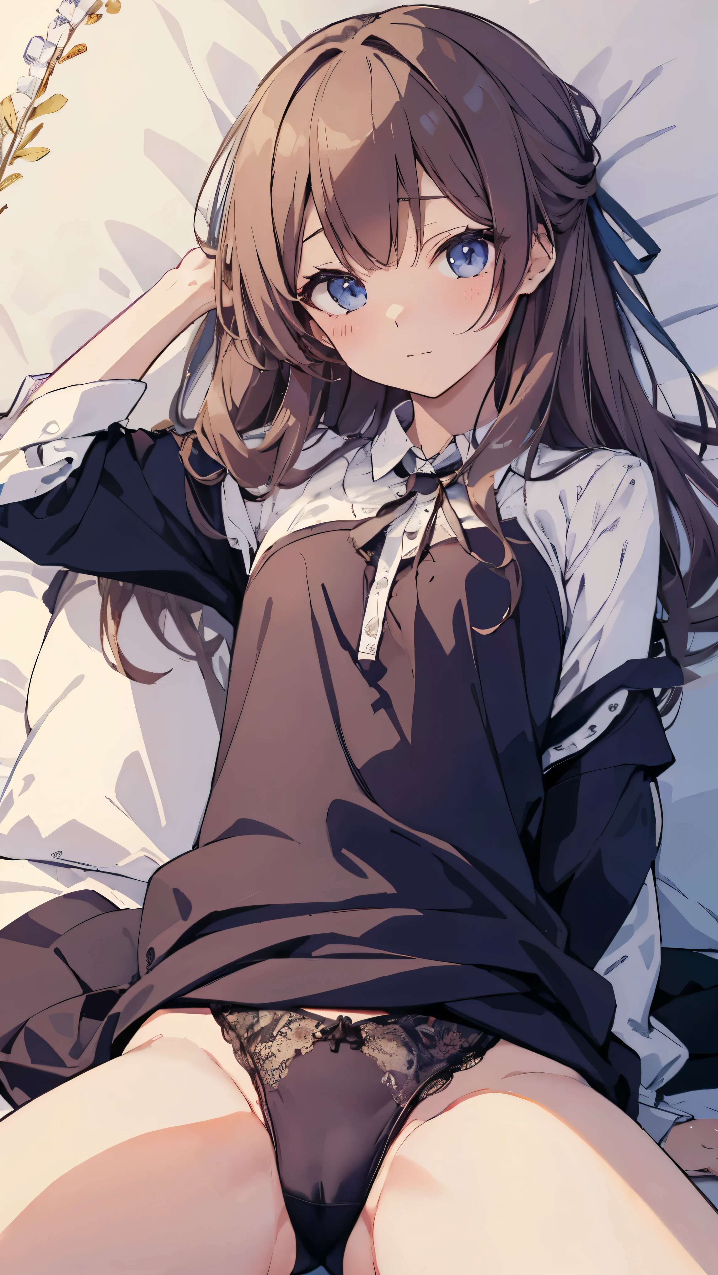 Masterpiece、Highest quality、highest quality、(((Lori)))、 ((((Petite))))、(Embarrassed)、Shiny hair quality、Small face、Super detailed, beautiful, wide eyes、Ultra-detailed, clear and beautiful faces、(cute illustration:1.2), High-resolution, ultra-detailed, best quality, embarrassed、Cute Underwear、Thighs、Spread your legs、Lie on your back