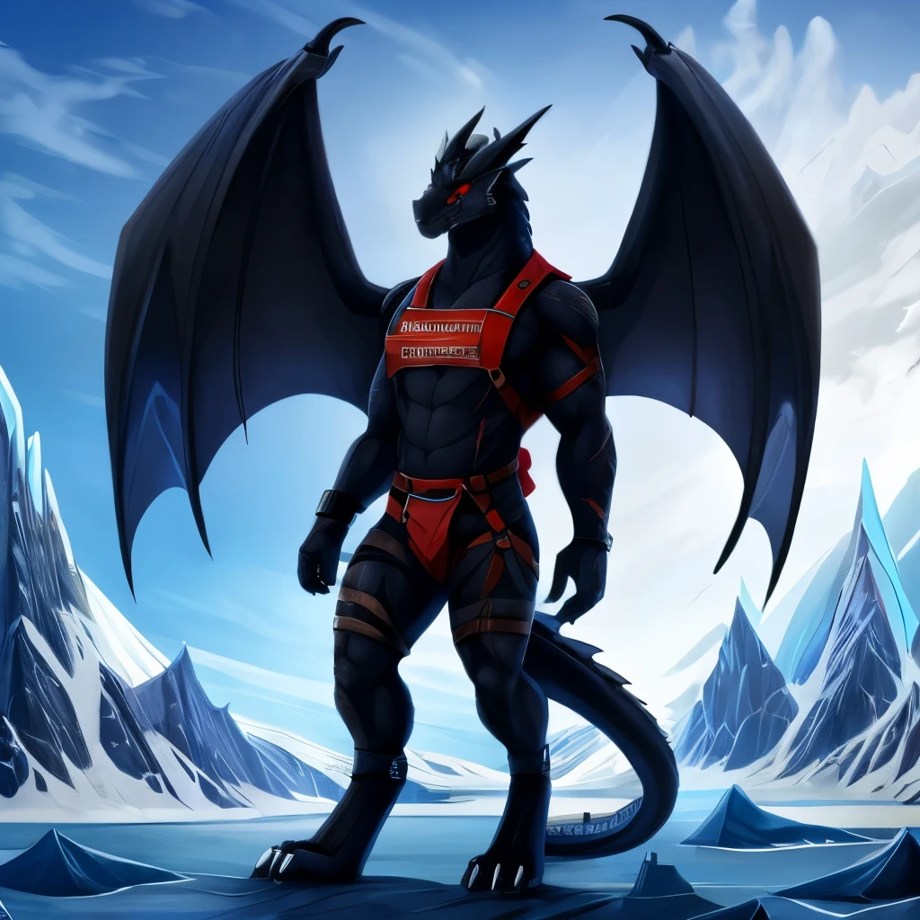 Tall and muscular black furry dragon, Scars all over the body, wings, belly white, red eyes, straps on left leg, wearing a high-tech bib, Stands tall, behind the back there is a huge structure in the form of a magic tower, Antarctica. 