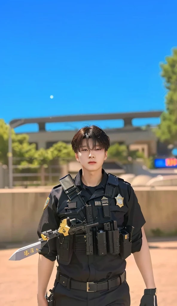 a close up of a person in a uniform holding a knife, inspired by Jang Seung-eop, police officer, officer, smooth in _ the background, security agent, police, realistic soldiers, inspired by Gang Se-hwang, in black uniform, yanjun chengt, realistic anime 3 d style, inspired by Zhang Han, wearing a police uniform