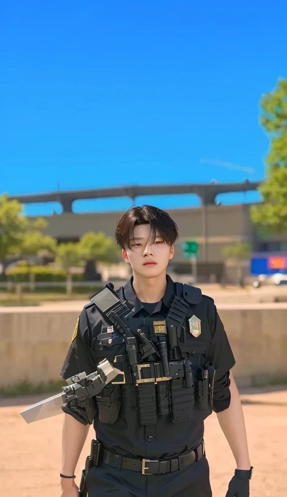 a close up of a person in a uniform holding a knife, inspired by Jang Seung-eop, police officer, officer, smooth in _ the background, security agent, police, realistic soldiers, inspired by Gang Se-hwang, in black uniform, yanjun chengt, realistic anime 3 d style, inspired by Zhang Han, wearing a police uniform