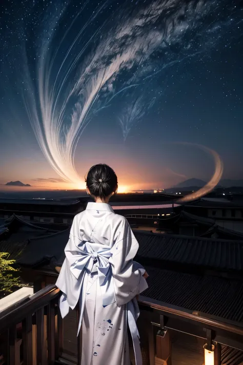 a 15-year-old japanese girl stands gazing at the night sky、slender、wearing a black yukata。white medium short hair。the yukata has...