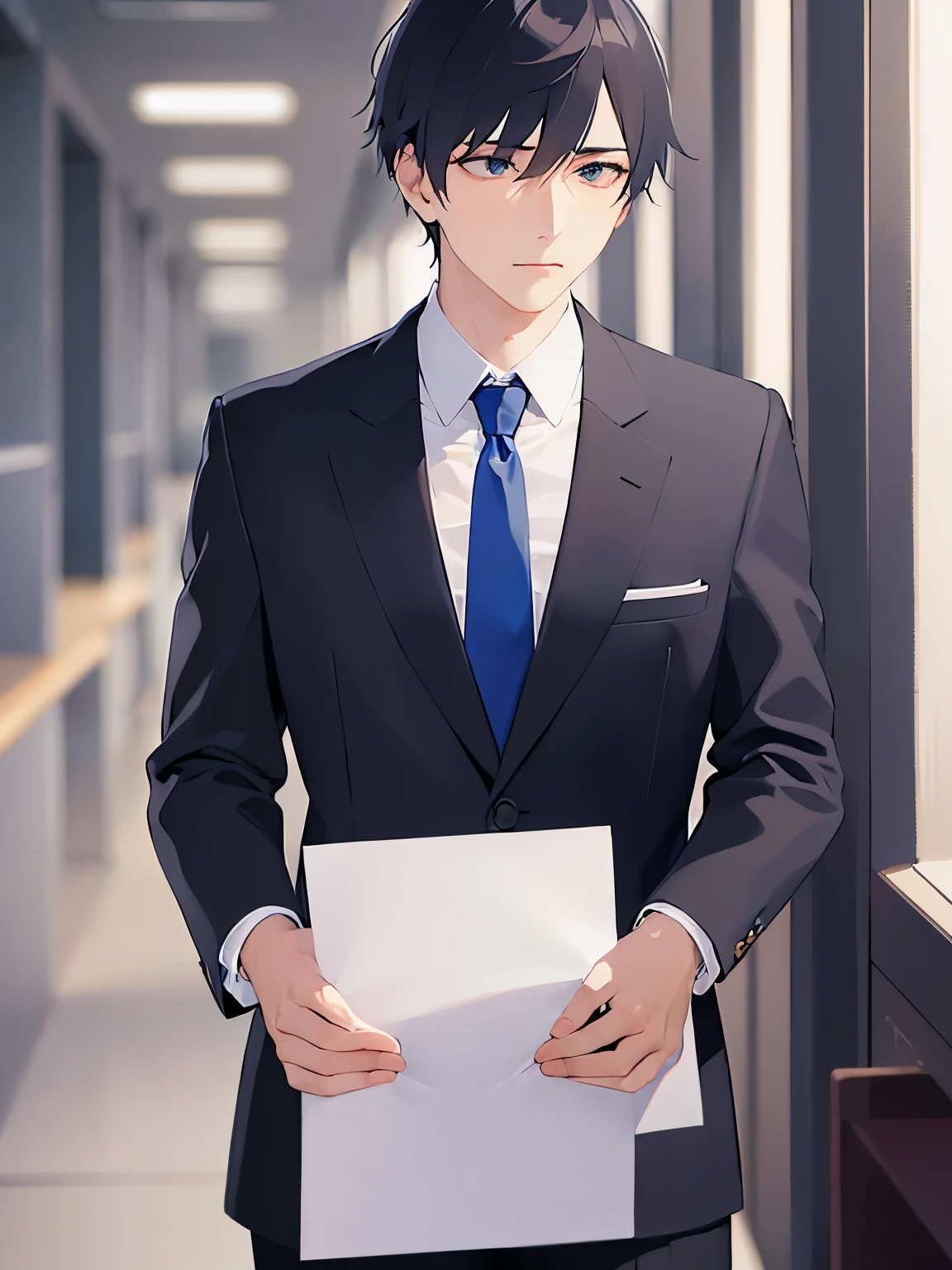 side angle, (looking away:1.5), masterpiece、highest quality、(25-year-old male:1.5) and (Black short hair) and (blue eyes), (Wearing a suit:1.5) and (White collared shirt) and (Blue tie)、Are standing、Bad mood、The background is the office、(Alone:1.5)