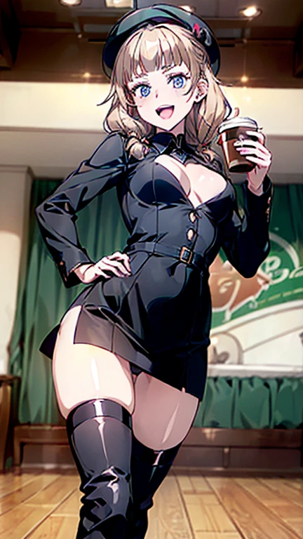 masterpiece, 1girl, Amazing Cleavage:1.0, thin waist, big ass, Raised sexy,solo, open mouth, have a cup of coffee,(from below:1.2),(from side:0.9), (beret, black Military uniform, bulletproof jacket, open clothes), (Close-Up:0.4), ((looking at viewer, holding a coffee cup)), highest quality、(real、photorealistic:1.4)、(RAW photo:1.2),(Curve,Model,glamor:1.5),Beautiful breasts,Farbe_aberration,beautiful detailed shadow,Beautiful eyes,Beautiful body,Beautiful skin,beautifull hands,(medium_breasts:1.5),Brown hair,watching at viewers,black suspenders,breasts,Black miniskirt,sexy garters,Gaze,Small face,bangss,holster,Beautuful Women,leg holster,Gaze,black boots panty shot,narrow waist,(with sparkling eyes and a contagious smile),her thin pubic hair, looking at viewer, pose muy sexy"