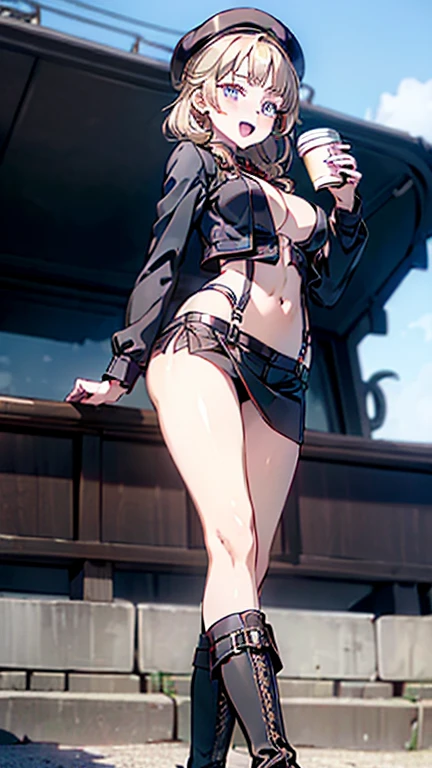 masterpiece, 1girl, Amazing Cleavage:1.0, thin waist, big ass, Raised sexy,solo, open mouth, have a cup of coffee,(from below:1.2),(from side:0.9), (beret, black Military uniform, bulletproof jacket, open clothes), (Close-Up:0.4), ((looking at viewer, holding a coffee cup)), highest quality、(real、photorealistic:1.4)、(RAW photo:1.2),(Curve,Model,glamor:1.5),Beautiful breasts,Farbe_aberration,beautiful detailed shadow,Beautiful eyes,Beautiful body,Beautiful skin,beautifull hands,(medium_breasts:1.5),Brown hair,watching at viewers,black suspenders,breasts,Black miniskirt,sexy garters,Gaze,Small face,bangss,holster,Beautuful Women,leg holster,Gaze,black boots panty shot,narrow waist,(with sparkling eyes and a contagious smile),her thin pubic hair, looking at viewer, pose muy sexy"

